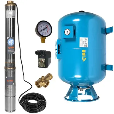 Kit hidrofor 100L vertical / orizontal cu pompa submersibila IBO Dambat 4SDM2/12, 0.75kW, debit 80l/min, racord 1.5", rezistenta la nisip