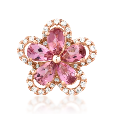 Pandantiv floare din aur roz cu turmaline roz de 0.9ct si diamante de 0.15ct