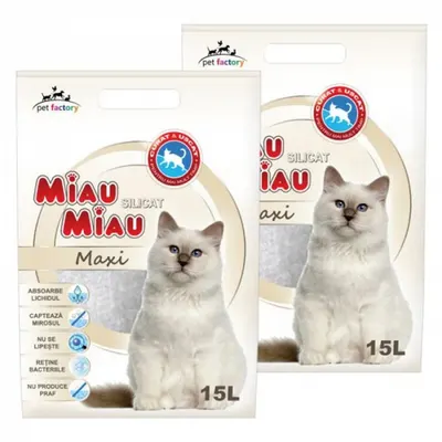 Set 2 x Asternut igienic pentru pisici Miau Miau Silicat Maxi 15L