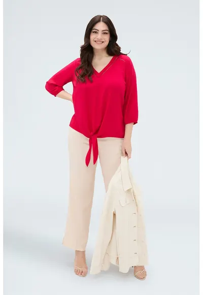 Bluza cu decolteu in V si design nod - Rosu vermillion