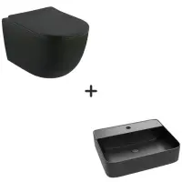 Set vas wc cu capac soft close Oslo plus lavoar baie dreptunghiular cu orificiu baterie negru mat