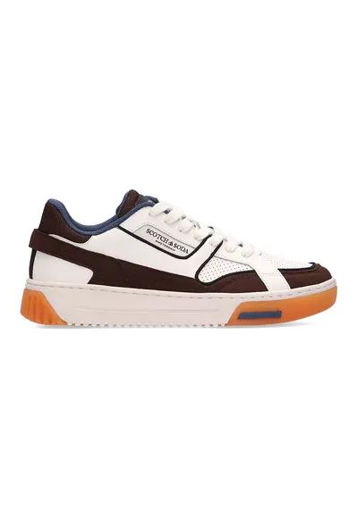 Pantofi sport low-cut de piele si piele intoarsa cu insertii de plasa - Maro inchis/Alb murdar