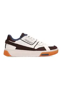 Pantofi sport low-cut de piele si piele intoarsa cu insertii de plasa - Maro inchis/Alb murdar