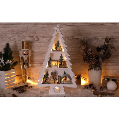 Brad de Craciun cu peisaj Si LED, din lemn, cu baterii Timer 6+18h,13LED, 3000K, 2xAA