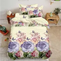 Lenjerie pat 1 Persoana imprimeu 3D - 3 Bucati 219 Lei - Crem-Lila trandafiri fluturi