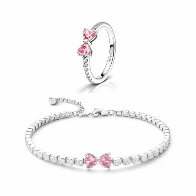 Set bijuterii Inel si Bratara Pink Bow cu Argint