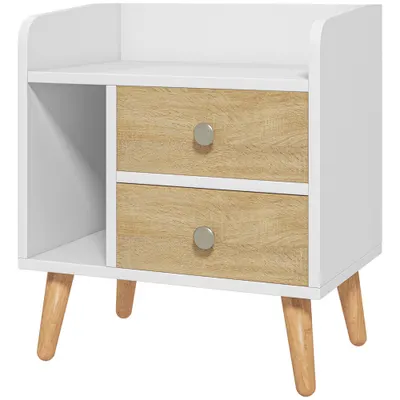 HOMCOM Noptieră cu 2 sertare mari, 1 raft deschis și picioare înalte din pin, design nordic, 43x30x49 cm | Aosom Romania