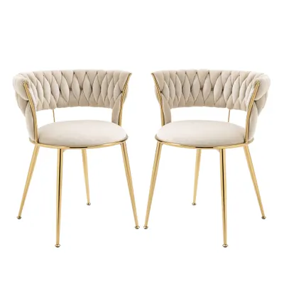 Set de 2 scaune de dining din catifea moale, stil modern cu spătar împletit și brațe, Alb