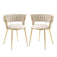 Set de 2 scaune de dining din catifea moale, stil modern cu spătar împletit și brațe, Alb