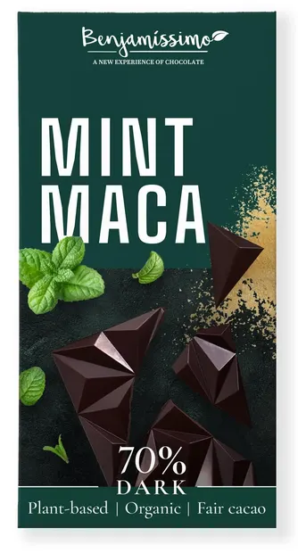 Ciocolată vegană organică, mentă și maca, 60 g, Benjamissimo
