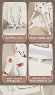 Scaun de masa pentru copii Little Mom White multifunctional 3 in 1, pliabil, cu tavita dubla extensibila, roti cu sistem de blocare, cos pentru accesorii si husa detasabila, dimensiune 71 x 48 x 89 cm
