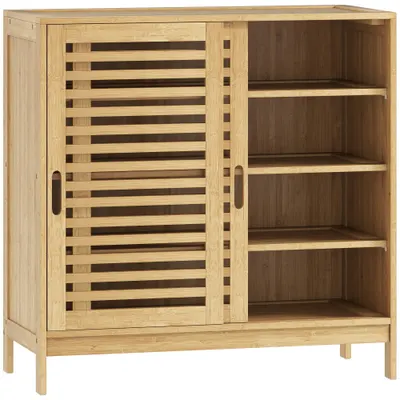 HOMCOM Pantofar cu 2 uși glisante cu lamele, rafturi reglabile pentru 16 perechi de pantofi, 80x35x80 cm, natural | Aosom Romania