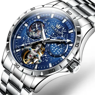 Ceas barbatesc de mana Olevs Analog Mecanic Automatic Business Otel Argintiu Albastru