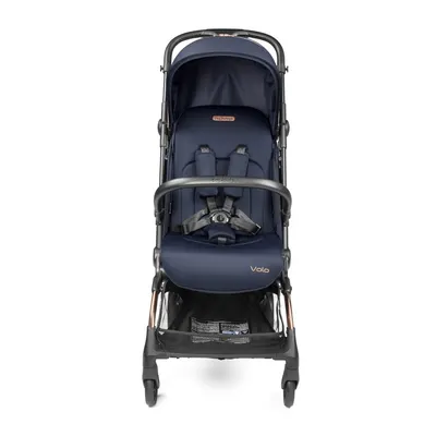 Carucior copii Peg Perego Volo, ultracompact, 0 - 22 kg, cu spatar si suport pentru picioare reglabile, frana centralizata, bara frontala detasabila si geanta transport inclusa, 5.4 kg, Blue Shine, Albastru