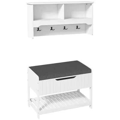 Cuier de Perete cu Banca Suport pentru Pantofi Dotata cu Cuburi de Perete, 4 Carlige si Raft Retractabil, 80x20x40 cm, Alb HOMCOM | Aosom RO