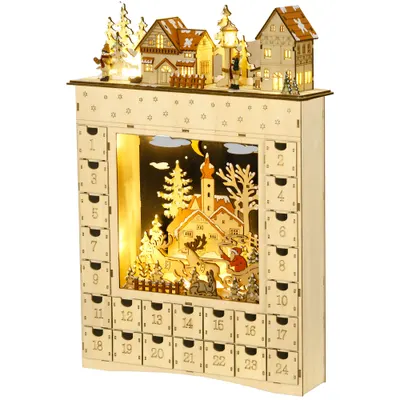HOMCOM Calendar de Advent LED în formă de sat acoperit de zăpadă cu 24 de sertărașe decorațiune luminoasă de Crăciun bej | Aosom Romania