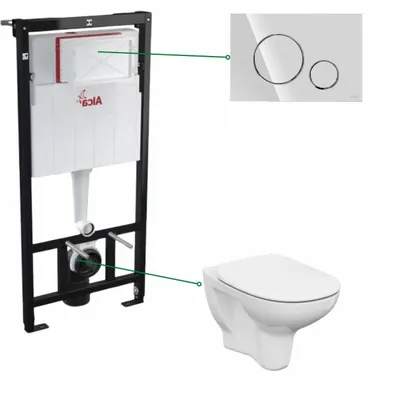 Set vas wc suspendat cu capac soft close Cersanit, rezervor incastrat Alcadrain si clapeta crom lucios