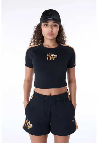 Tricou crop cu monograma brodata - Negru/Maro camel