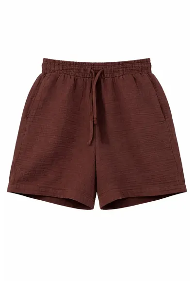 Pantaloni scurti bumbac texturat - talie inalta - Maro