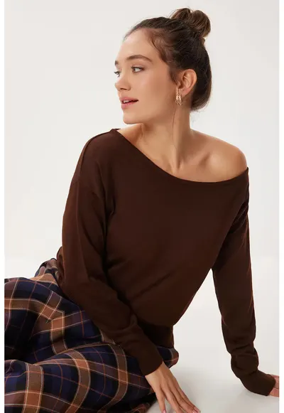Pulover femei - Happiness Istanbul - regular-fit - umeri goi - maro mocha - acrilic