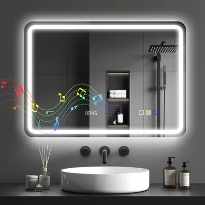 HOMCOM Oglindă de Baie cu LED 70x50 cm cu Bluetooth 3 Culori de Lumină Ceas Digital Funcție Antighear Funcție de Memorie | Aosom Romania