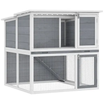 PawHut Clapier iepuri exterior cușcă 2 niveluri spațioasă acoperiș dublă deschidere tavă detașabilă 98x95x102,5cm gri | Aosom Romania