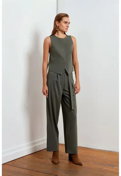 Pantaloni dama - talie inalta - Verde Kaki - poliester - Kaki