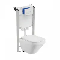 Set vas wc suspendat rimless, dreptunghiular, capac slim softclose, Foglia Bristol si rezervor incastrat Prosys cu set de fixare inclus si clapeta Oleas M1 alb lucios, Ideal Standard