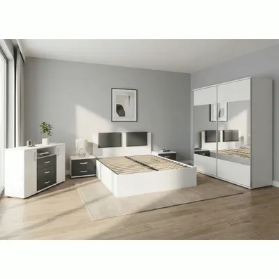 Dormitor Laguna cu pat 140x200 cu lada Alb cu Gri
