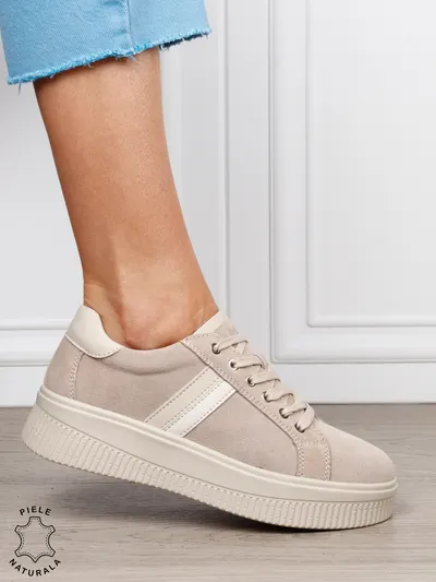 Pantofi sport din piele naturală intoarsa cu finisaje premium CRL1811 BEJ