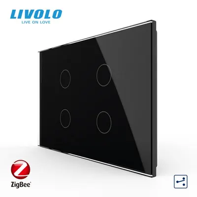 Intrerupator cvadruplu, standard italian, cap scara / cap cruce, wireless Protocol Zigbee, cu panou sticla, 3M Negru