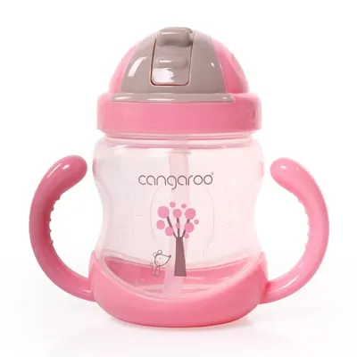 Sticla cu pai din plastic Cangaroo - Roz, 280 ml