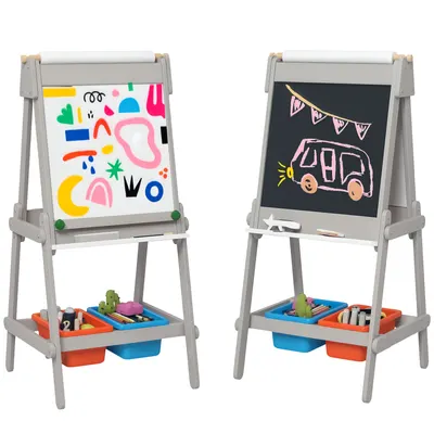 AIYAPLAY Tabla de desen pentru copii dublă cu rola de hârtie, tablă cu cretă, tablou, design 3-in-1 pentru desen și pictură | Aosom Romania