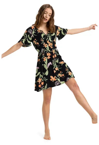 Rochie scurta cu croiala in A si model floral - Verde/Negru/Portocaliu