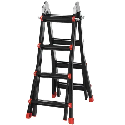 HOMCOM Scară telescopică, trepte antialunecare, rezistentă până la 150 kg, aluminiu, Negru+Roșu | Aosom Romania