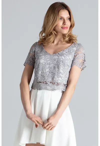 Set bluza si fusta top din dantela - fusta asimetrica - gri ecru - poliester 97% - elastan 3%