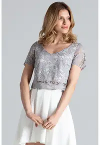 Set bluza si fusta top din dantela - fusta asimetrica - gri ecru - poliester 97% - elastan 3%