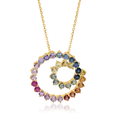 Lant cu pandantiv din aur galben cu safire multicolore de 2.6ct