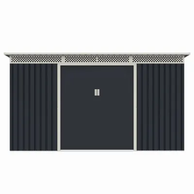 Casuta / magazie de gradina premium metalica, MESTERINO Bella-C, Gri/Bej, dimensiuni 343x142x184 cm, cu usi culisante si baza metalica