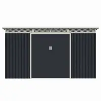 Casuta / magazie de gradina premium metalica, MESTERINO Bella-C, Gri/Bej, dimensiuni 343x142x184 cm, cu usi culisante si baza metalica