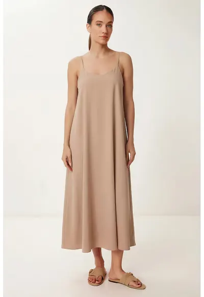 Rochie Midi Happiness Istanbul - Lejer - Bej - Poliester/Bumbac