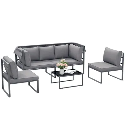 Outsunny Salon de gradina exterior 4 piese modular cu canapea, scaun și masă de cafea din sticlă temperată, incluse perne, gri | Aosom Romania