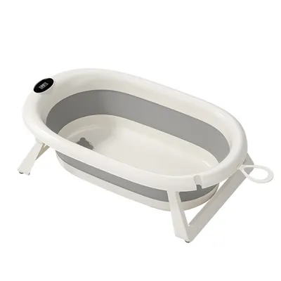 Cadita pliabila cu suport anatomic LittleMom AquaNestGrey, ultra-compacta, cu termometru digital integrat, dop de drenaj, dimensiune 89.5 x 47 x 22 cm