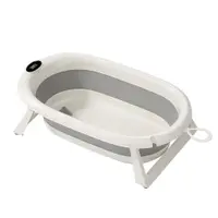 Cadita pliabila pentru copii LittleMom AquaNest Grey, model ergonomic ultra-compact, cu suport anatomic inclus, termometru digital integrat, dop de drenaj