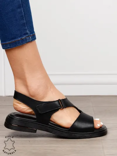 Sandale damă din piele naturală model casual cu talpă joasă și design modern CRL1646 NEGRU