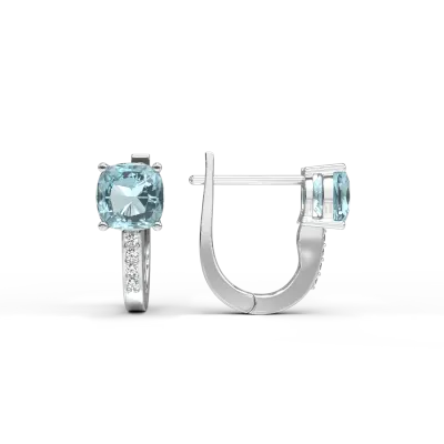 Cercei on ear din aur alb cu topaze swiss blue square de 1.3ct si diamante de 0.02
