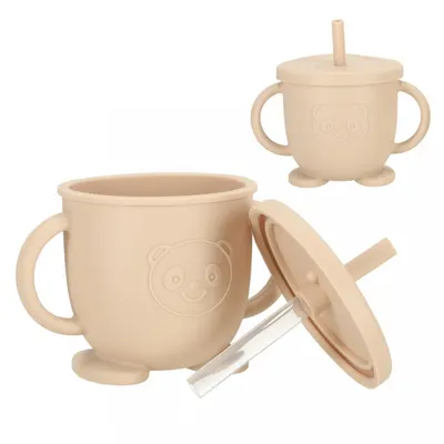 Set 8 piese diversificare hrana bebelusi, Ikonka, din silicon alimentar, durabile si flexibile, bol si farfurie cu ventuze, tacamuri, cana cu pai, model Beige Owl
