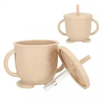 Set 8 piese diversificare hrana bebelusi, Ikonka, din silicon alimentar, durabile si flexibile, bol si farfurie cu ventuze, tacamuri, cana cu pai, model Beige Owl