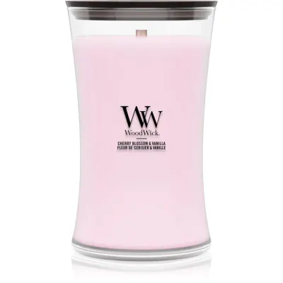 Woodwick Cherry Blossom & Vanilla lumânare parfumată cu fitil din lemn 610 g