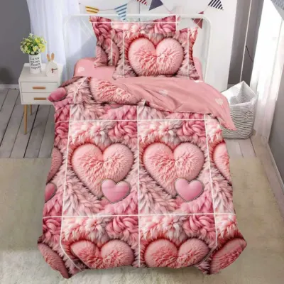 Lenjerie pat 140x200cm, FINET, 4 piese, cu ELASTIC, Roz, inimioare pufoase